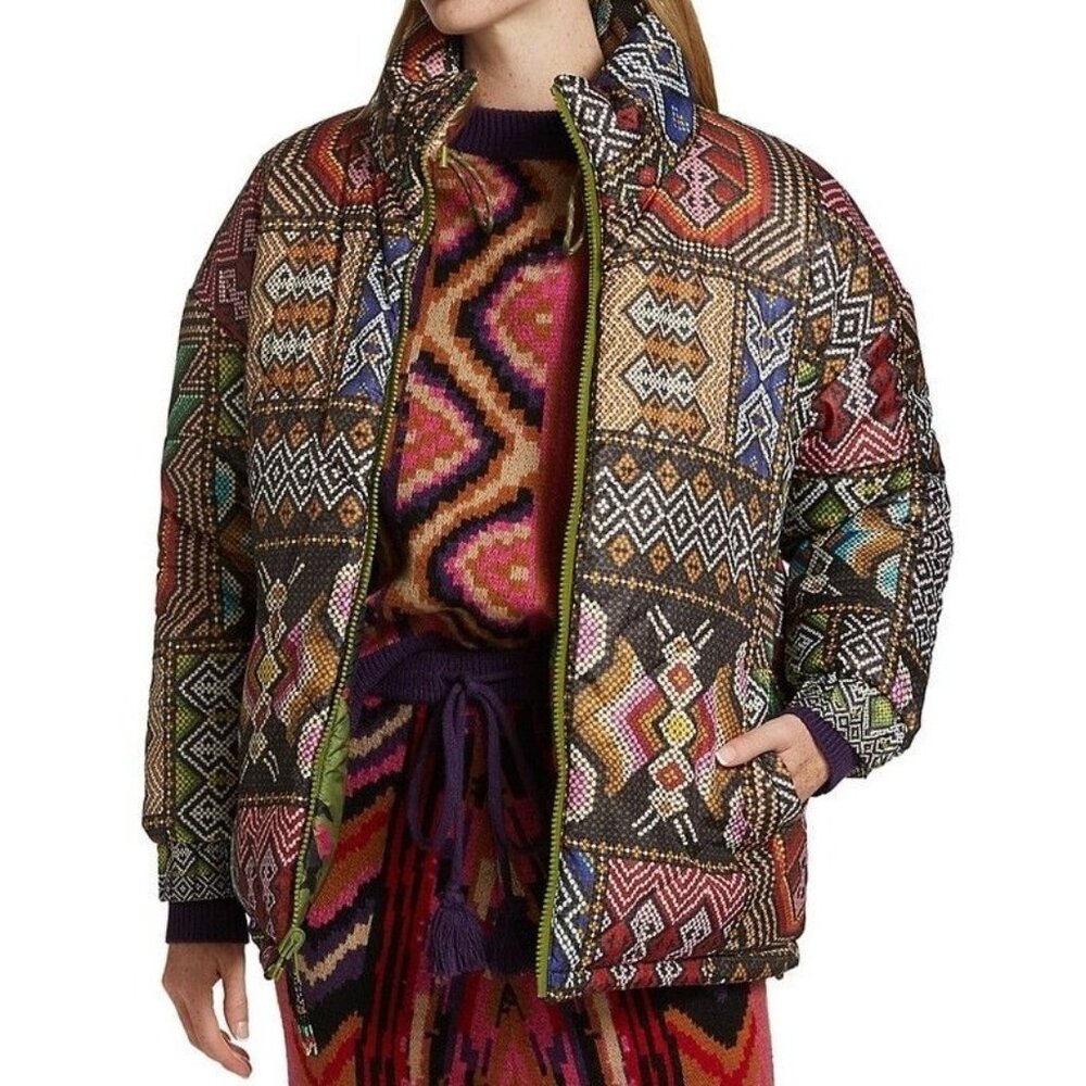 Farm Rio Puffer Jacket L Tropical Rauti Reversible Colorful Metallic WiNTER - Picture 3 of 14